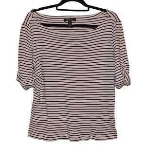 Lauren Ralph Lauren Striped Boat Neck Top Black White Cotton XL Short Sleeve